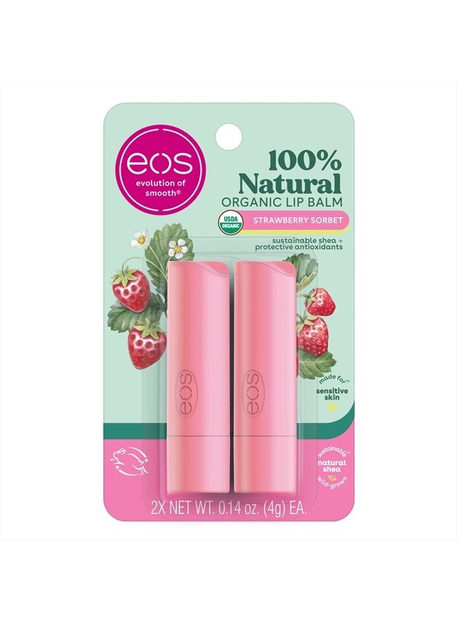 100% Natural & Organic Lip Balm- Strawberry Sorbet, Dermatologist Recommended for Sensitive Skin, All-Day Moisture, 0.14 oz, 2 Pack