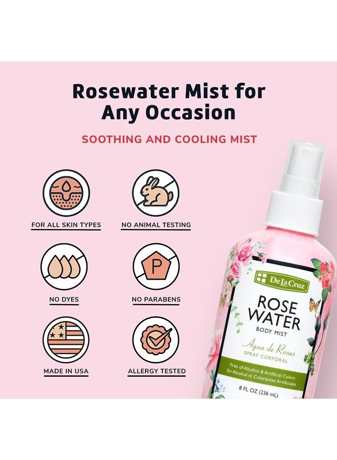 Rose Water Body Mist - Rosewater Spray for Face, Skin and Hair 8 fl oz (1 Bottles)