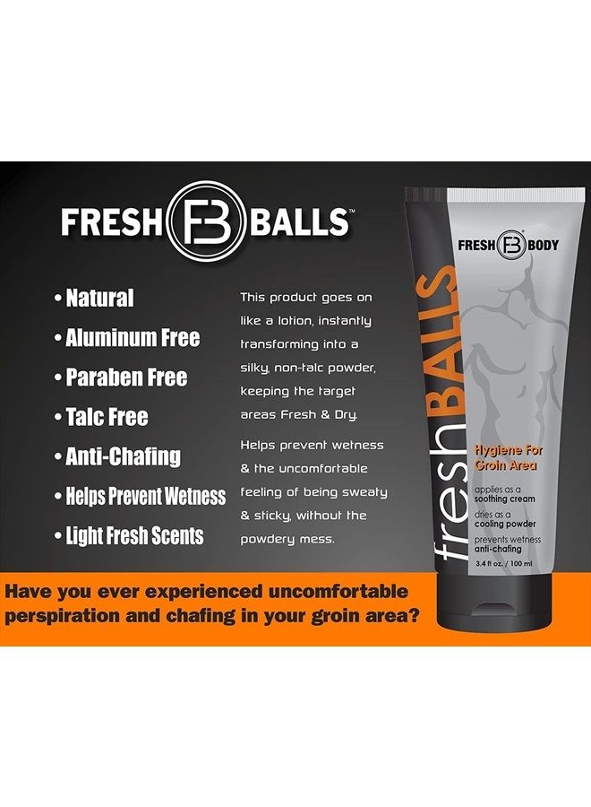 Fresh Balls Lotion, 3.4 fl oz | Men's Anti-Chafing Soothing Cream to Powder - Ball Deodorant and Hygiene for Groin Area - Aluminum-Free, Talc-Free