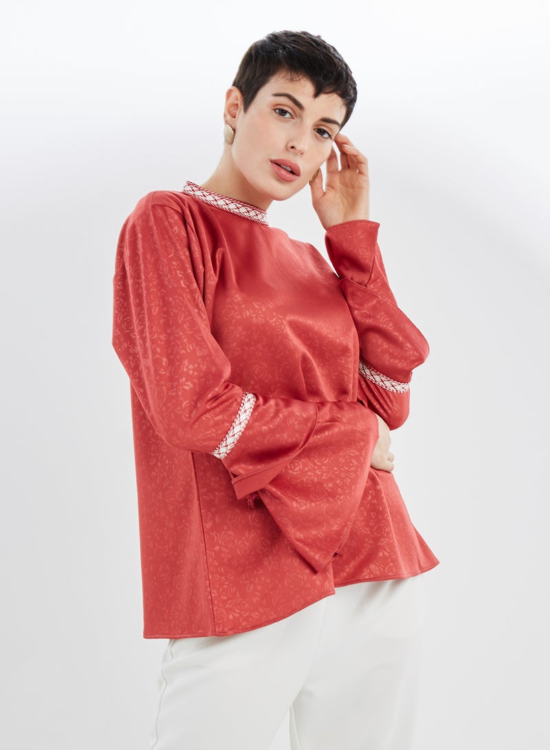 High Collar Bell Sleeves Top Red