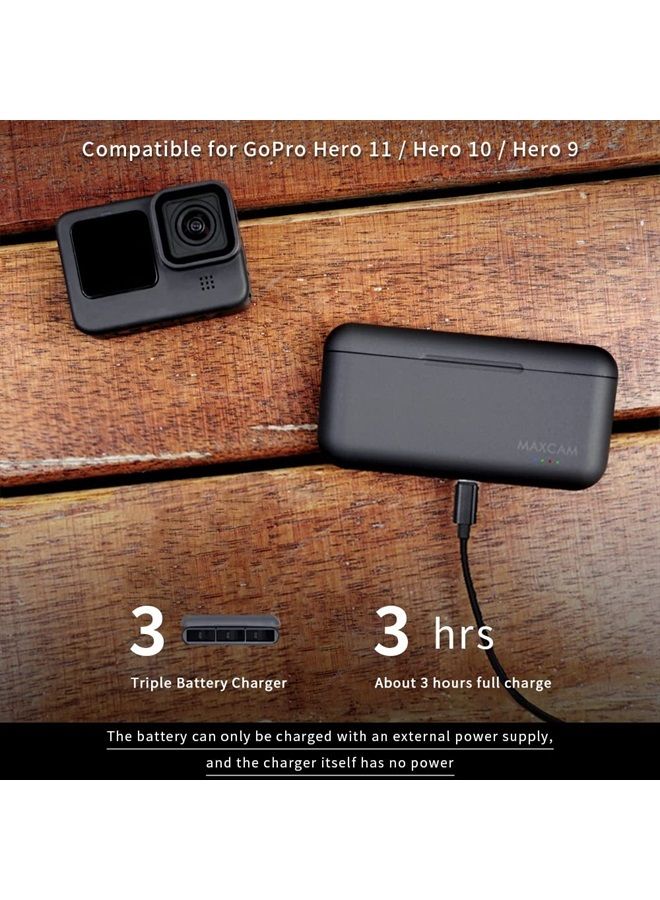 Power Triple Battery Charger for GoPro HERO11/HERO10/HERO9 Enduro Battery Black
