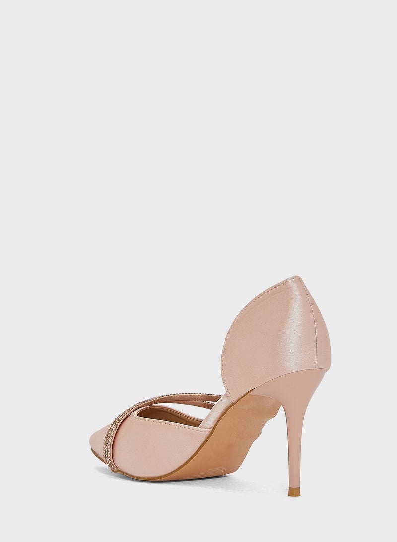 Diamante Double Strap Satin Pointed Pump