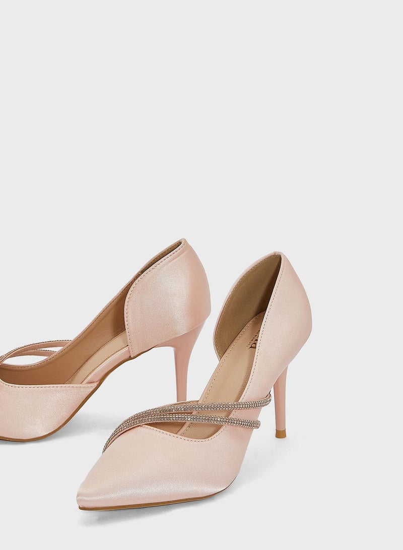 Diamante Double Strap Satin Pointed Pump