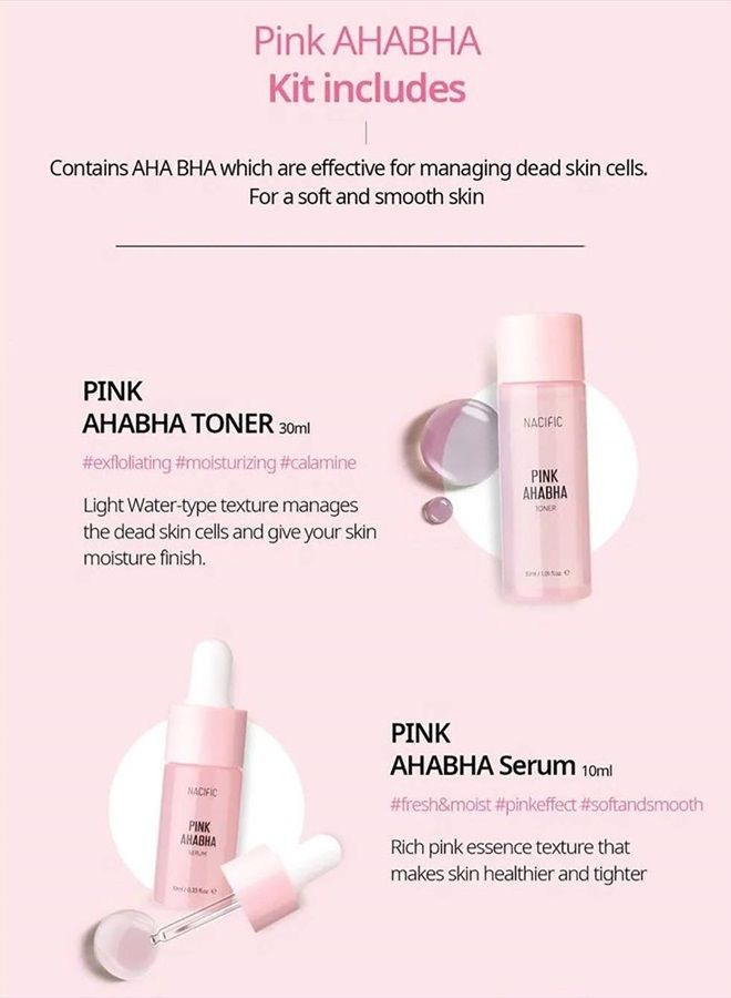 Nacific Pink AHA BHA Kit (Cleansing Foam, Toner, Serum, Cream) Travel Size Skin Care Set