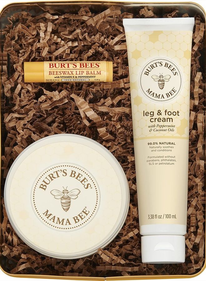 Burts Bees Gift Set, 3 Pregnancy Skin Care Products - Mama Belly Butter, Lip Balm Original Beeswax, Leg & Foot Cream, with Giftable Tin