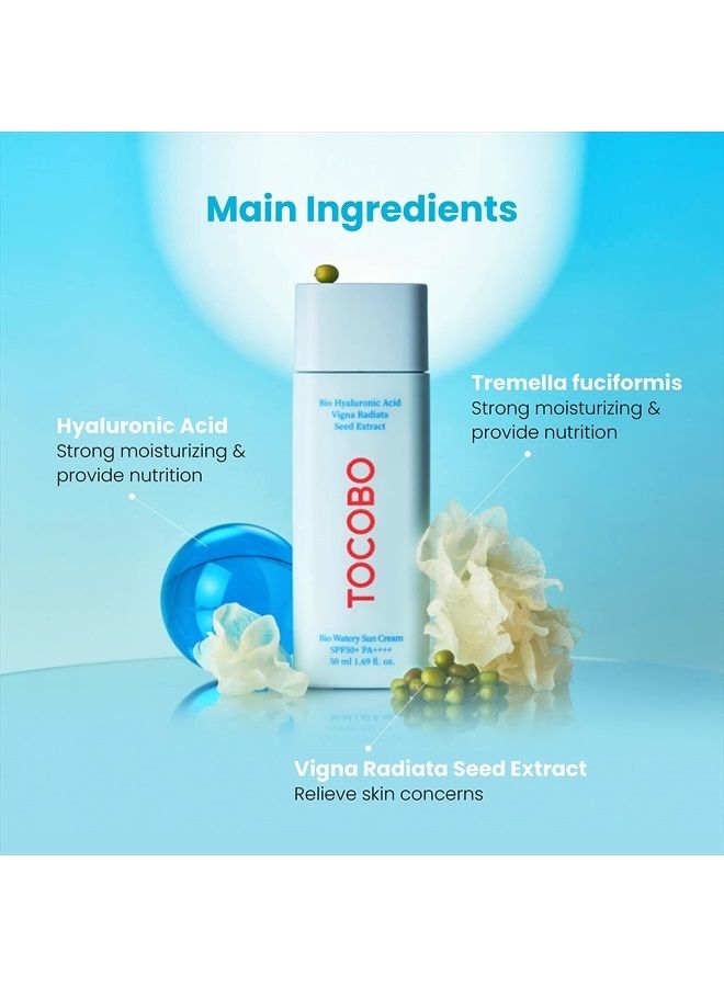 [TOCOBO] BIO WATERY SUN CREAM SPF50+ PA++++ 1.69 fl oz / 50ml | Watery Texture, Soft Finish, Powerful UV Protection, Natural Ingredients, Hyaluronic Acid, Moisturizing, Elasticity | EWG Green + PEG Fr