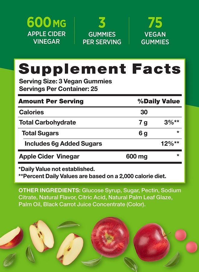 Apple Cider Vinegar Gummies | 600 mg | 75 Gummies | Natural Apple Flavor | Vegan, Non-GMO, Gluten Free Supplement