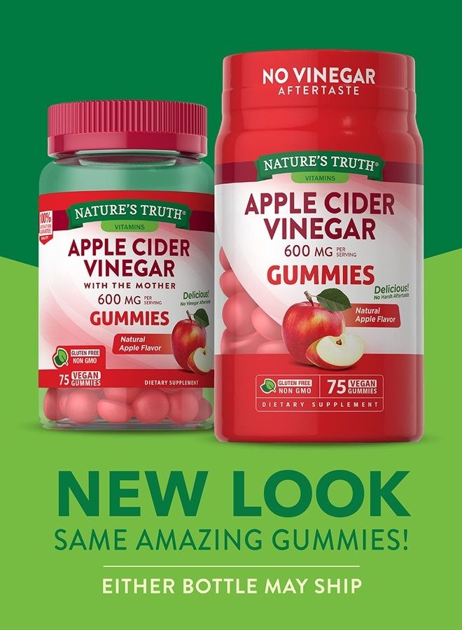 Apple Cider Vinegar Gummies | 600 mg | 75 Gummies | Natural Apple Flavor | Vegan, Non-GMO, Gluten Free Supplement