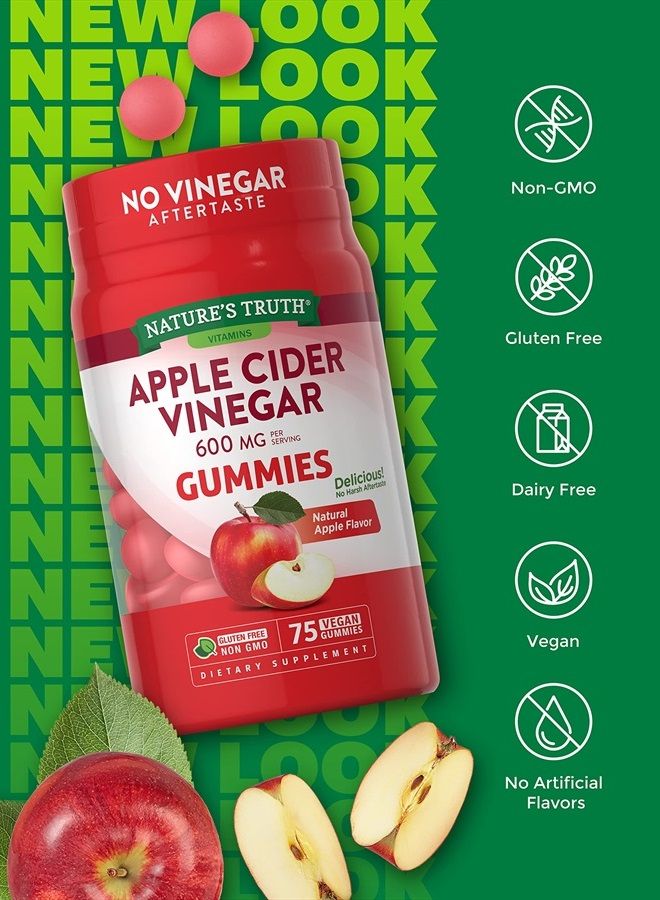 Apple Cider Vinegar Gummies | 600 mg | 75 Gummies | Natural Apple Flavor | Vegan, Non-GMO, Gluten Free Supplement