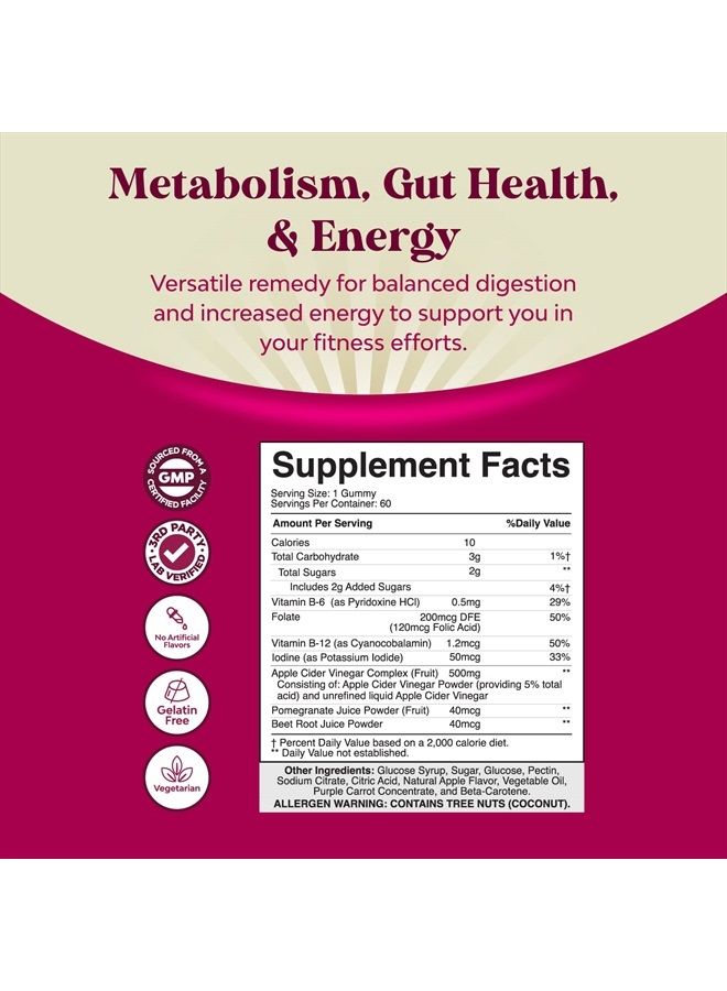ACV Apple Cider Vinegar Gummies - Natural Energy Supplement ACV with Mother for Body Cleanse Immune Support and Gut Health with Vitamin B12 and Beet Root
