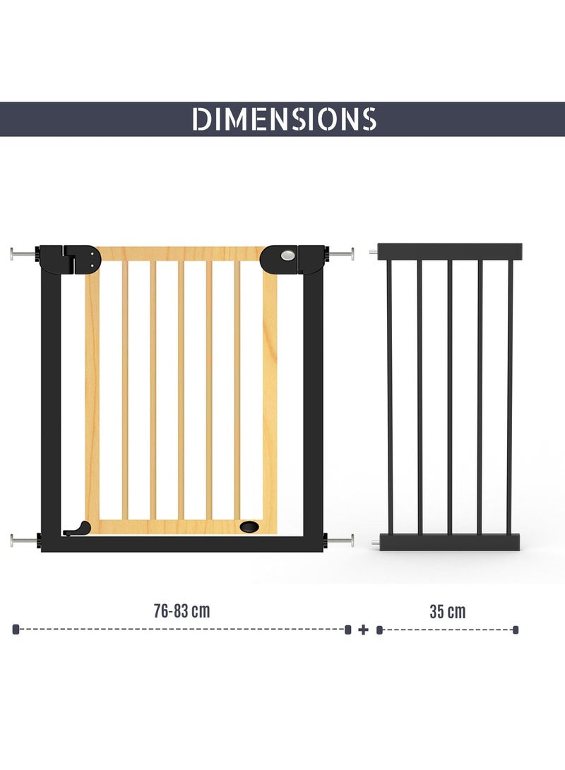 Wooden Safety Gate With 35Cm Black Extension - Natural Wood