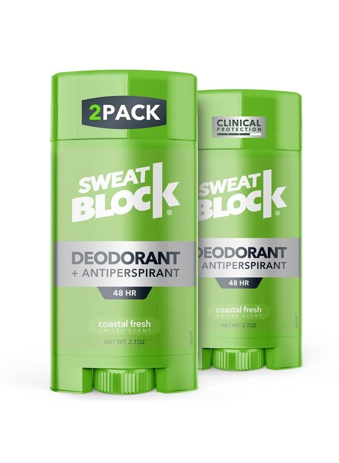 Clinical Strength Deodorant Antiperspirant Stick for Men & Women - 48-Hour High Degree Sweat & Odor Protection - Non-Irritating Smooth Glide - Coastal Fresh Unisex Scent - 2.7oz (2 Pack)