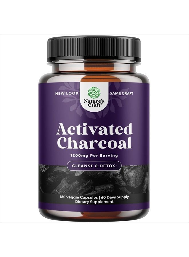 Cleanse and Detox Activated Charcoal Capsules - Purifying Detox Pills with 1200mg Coconut Charcoal Powder for Bloating Relief and Body Detox Cleanse - Active Charcoal for Gut Health - 180 Count