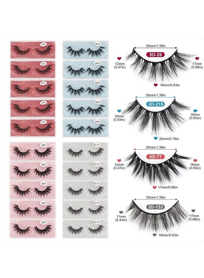 20 Pairs Eyelashes, 4 Style Faux Mink Lashes Pack, Natural Look to Dramatic Long False Eyelashes, 16mm-20mm Handmade Reusable Soft Fake Eyelashes with Glitter Portable Boxes