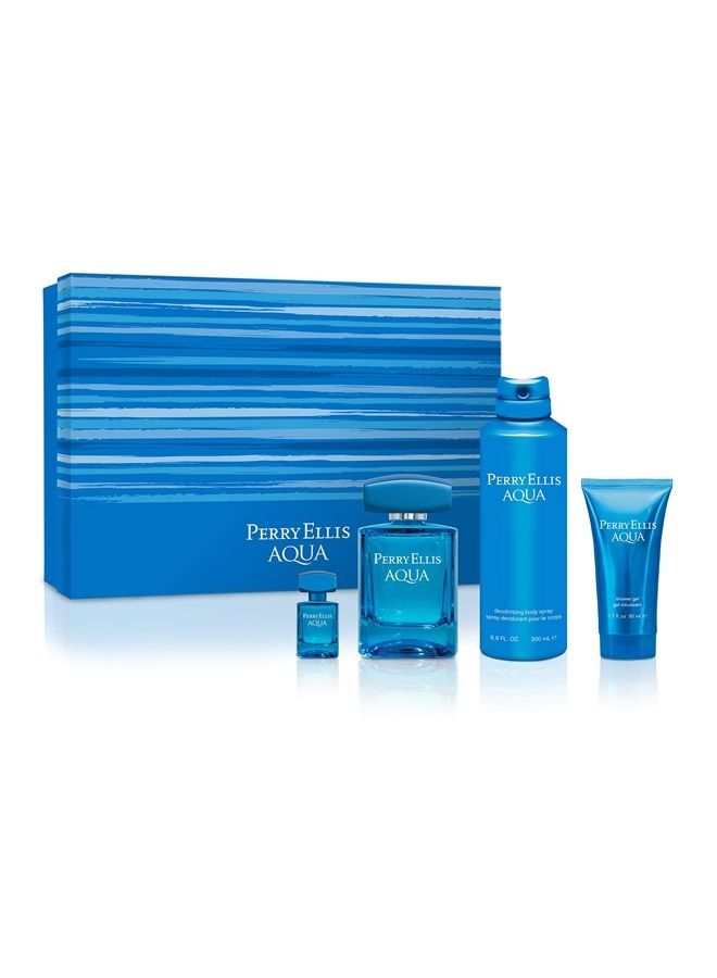 Perry Ellis Aqua Men 3.4oz EDT Spray, 0.25oz EDT Spray, 6.8oz Deodorizing Body Spray, 1.7oz Shower Gel 4 Pc Gift Set