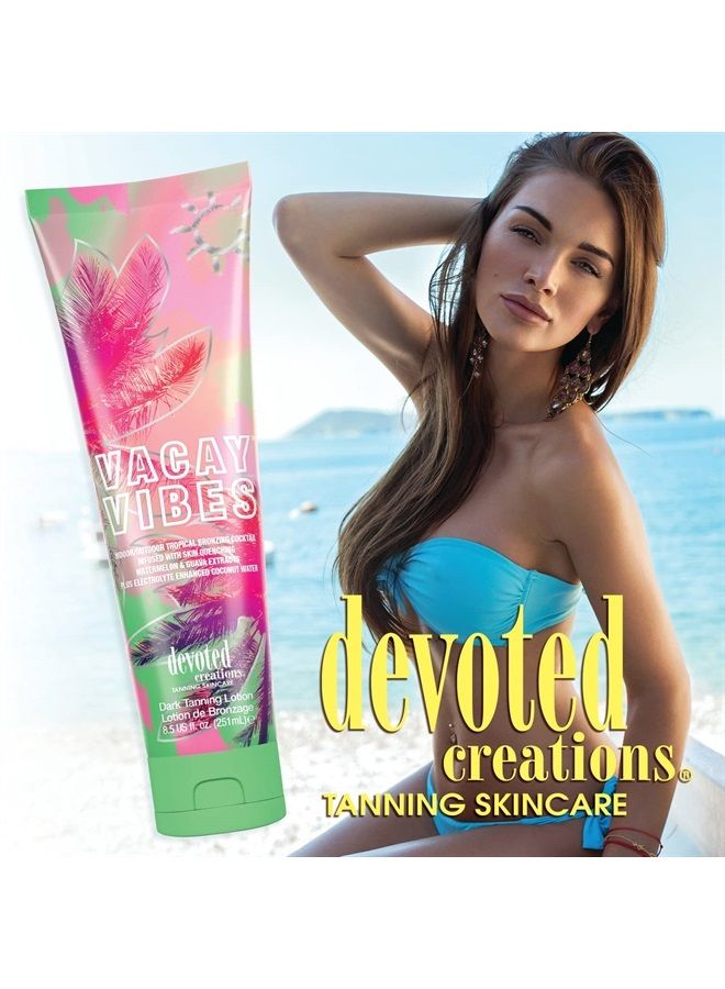 Vacay Vibes Tanning Lotion – Indoor/Outdoor Tropical Bronzing Cocktail Infused with Skin Quenching Watermelon and Guava Extracts, plus Electrolyte Enhanced Coconut Water – 8.5 oz.