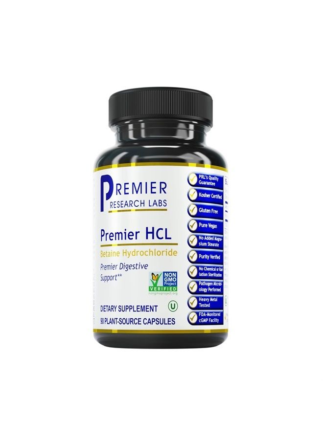 HCL - Betaine Hydrochloride Acid Supplement - Supports Digestion - Vegan, Gluten-Free, Kosher - 90 Plant-Source Capsules (Pack of 1)