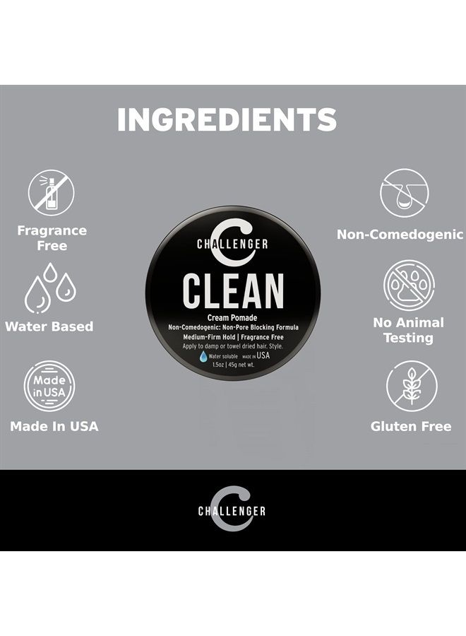 Men's Clean Cream Pomade, 1.5 Ounce | Fragrance Free, Non-Comedogenic Hair Styling Product | Medium Firm Hold & Natural Finish | Shine Free, Unscented, Water Based & Travel Friendly
