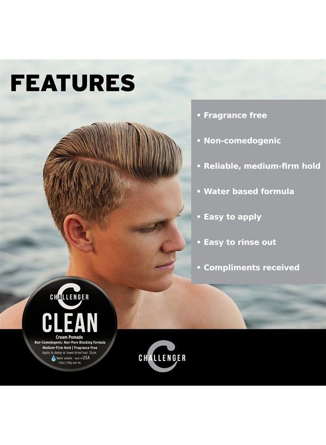 Men's Clean Cream Pomade, 1.5 Ounce | Fragrance Free, Non-Comedogenic Hair Styling Product | Medium Firm Hold & Natural Finish | Shine Free, Unscented, Water Based & Travel Friendly