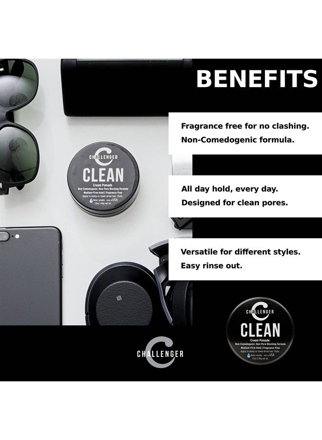 Men's Clean Cream Pomade, 1.5 Ounce | Fragrance Free, Non-Comedogenic Hair Styling Product | Medium Firm Hold & Natural Finish | Shine Free, Unscented, Water Based & Travel Friendly