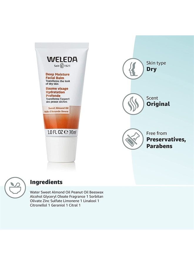 Deep Moisture Facial Balm, 1 Fluid Ounce, Plant Rich Moisturizer with Sweet Almond Oil
