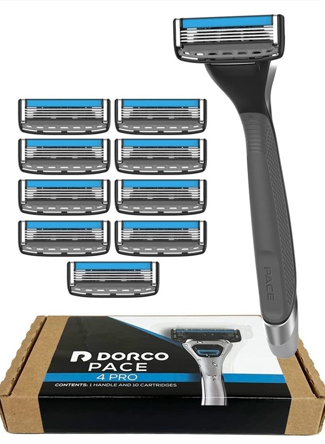 Dorco Pace 4 Pro - Four Blade Razor Shaving System - 10 Pack (10 Cartridges + 1 Handle)