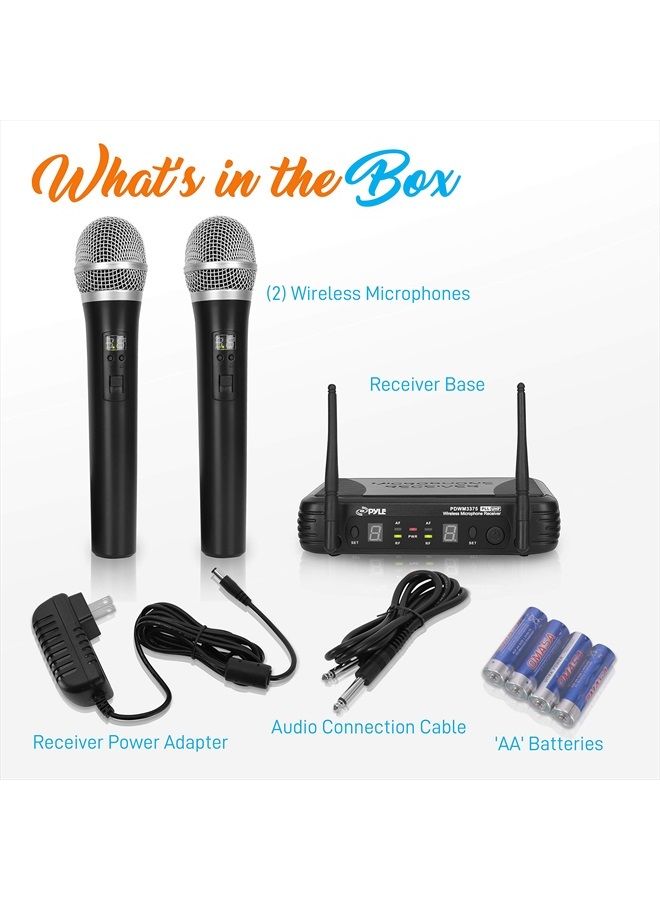 Professional Wireless Microphone System - Dual UHF Band, Wireless, Handheld, 2 MICS With 8 Selectable Frequency Channels, Independent Volume Controls, AF & RF Signal Indicators - Pyle PDWM3375