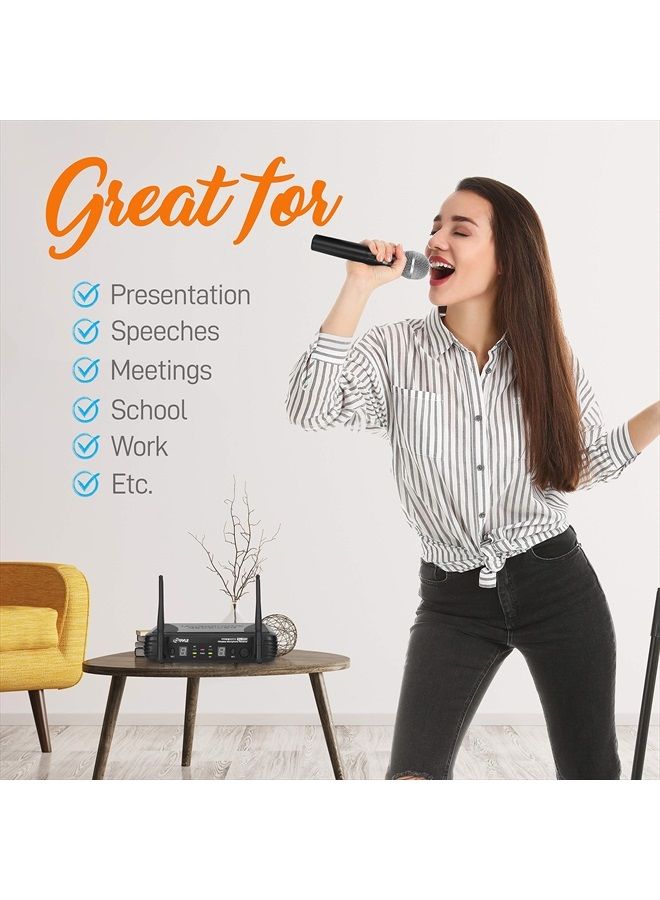 Professional Wireless Microphone System - Dual UHF Band, Wireless, Handheld, 2 MICS With 8 Selectable Frequency Channels, Independent Volume Controls, AF & RF Signal Indicators - Pyle PDWM3375