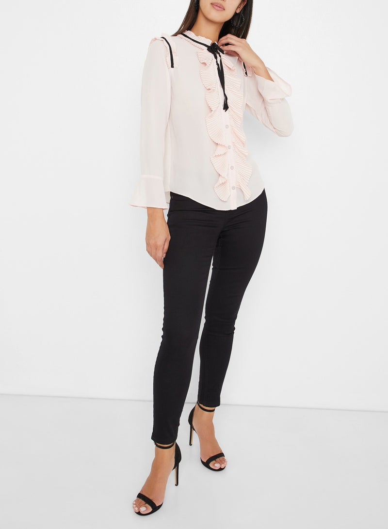 Bell Sleeves Multi Pleat Detailed Top Pink