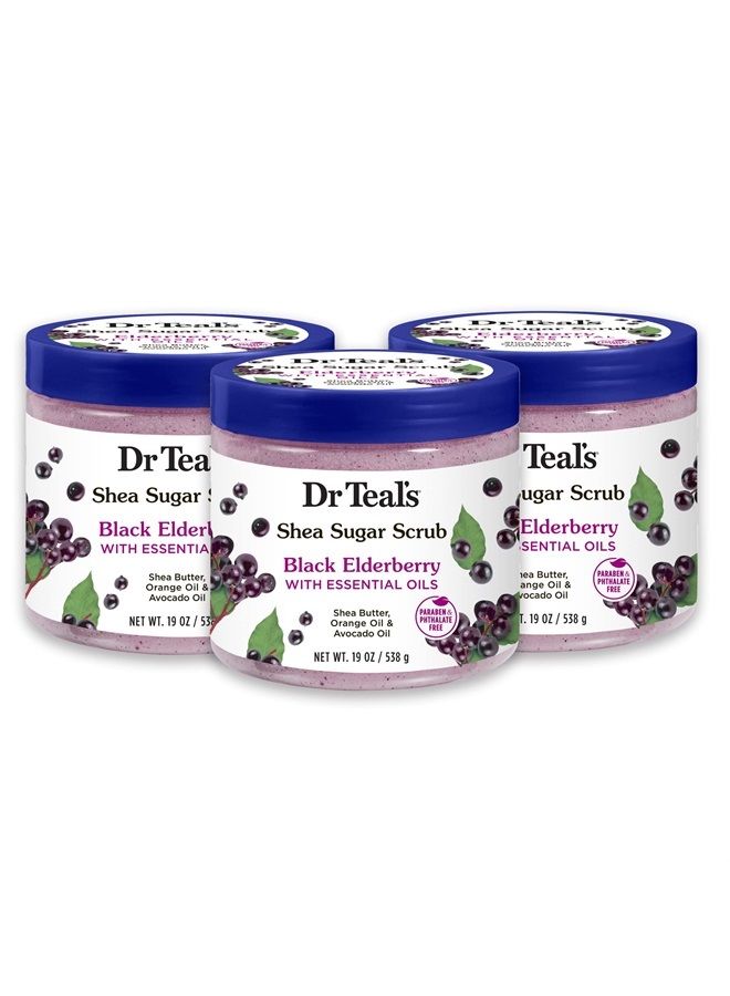 Shea Sugar Body Scrub, Black Elderberry with Essential Oils, 19 oz (Pack of 3) (Packaging May Vary)