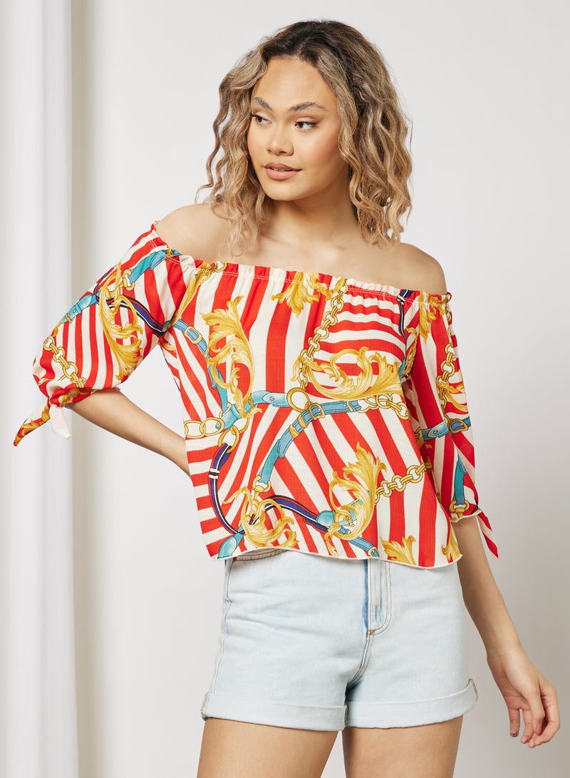Baroque Print Off-Shoulder Top Orange/Multicolour