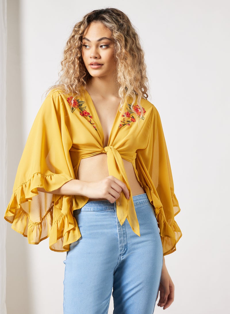 Sheer Floral Embroidered Top Yellow