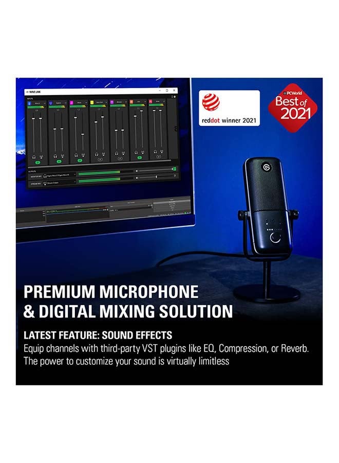 Elgato Wave:3, Premium USB Condenser Microphone and Digital Mixing Solution, Anti-Clipping Technology, Capacitive Mute, Streaming and Podcasting