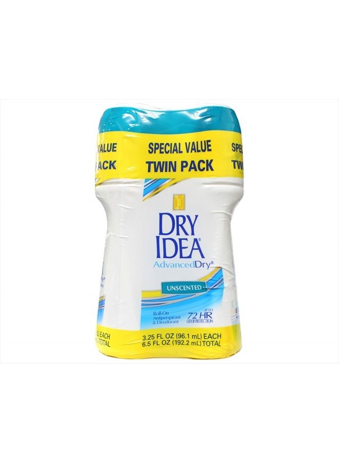 Advanced Dry Idea Roll On Antiperspirant and Deodorant, Unscented, Twin Pack - 3.25 Oz Ea