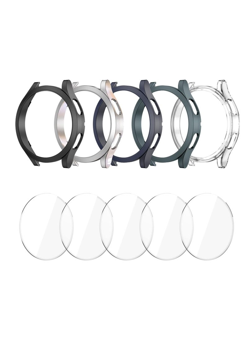 [5+5 Pack] Compatible for Samsung Galaxy Watch 4 44mm Screen Protector Case,Matte PC Bumper Cover+5 Tempered Glass Screen Protector Films for Galaxy Watch4 Accessories