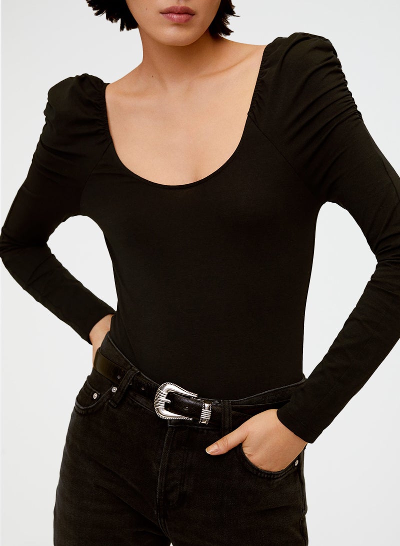 Puffed Shoulder Bodysuit Black