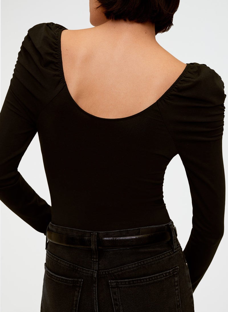 Puffed Shoulder Bodysuit Black