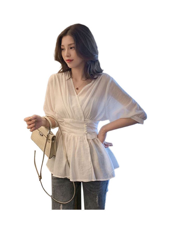 Women's Blouse Summer Solid Color V-neck Thin Section Half-sleeve Clothing white