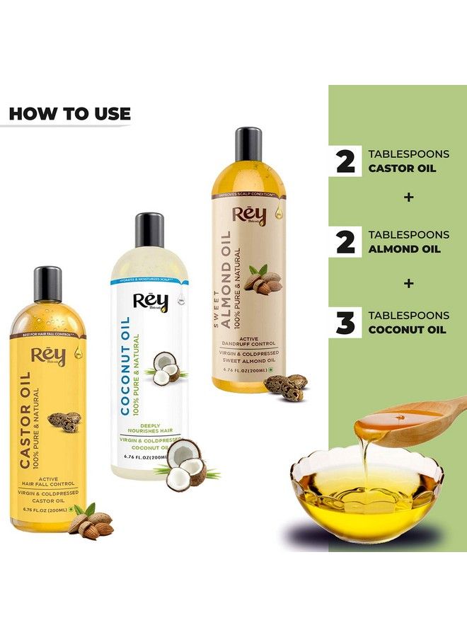 Cold Pressed Castor Oil Coconut Oil & Sweet Almond Oil For Hair & Skin 200Ml + 200Ml + 200Ml