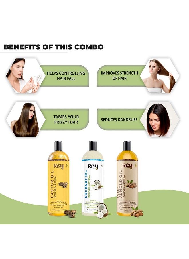 Cold Pressed Castor Oil Coconut Oil & Sweet Almond Oil For Hair & Skin 200Ml + 200Ml + 200Ml