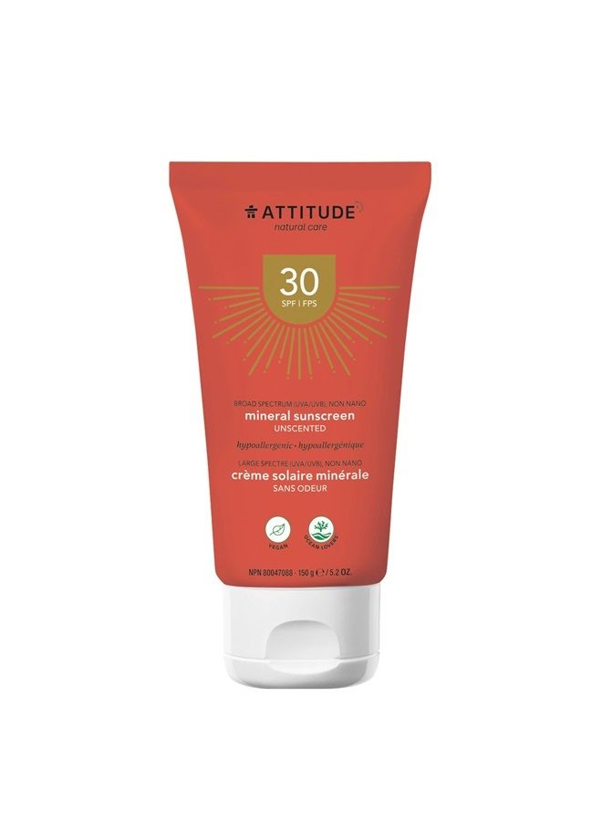 Mineral Sunscreen, Broad Spectrum UVA/UVB, Reef-Friendly, Hypoallergenic, Vegan and Cruelty-free, SPF 30, Unscented, 5.2 Oz