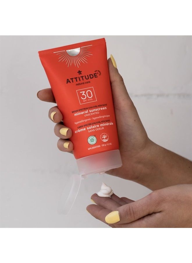 Mineral Sunscreen, Broad Spectrum UVA/UVB, Reef-Friendly, Hypoallergenic, Vegan and Cruelty-free, SPF 30, Unscented, 5.2 Oz