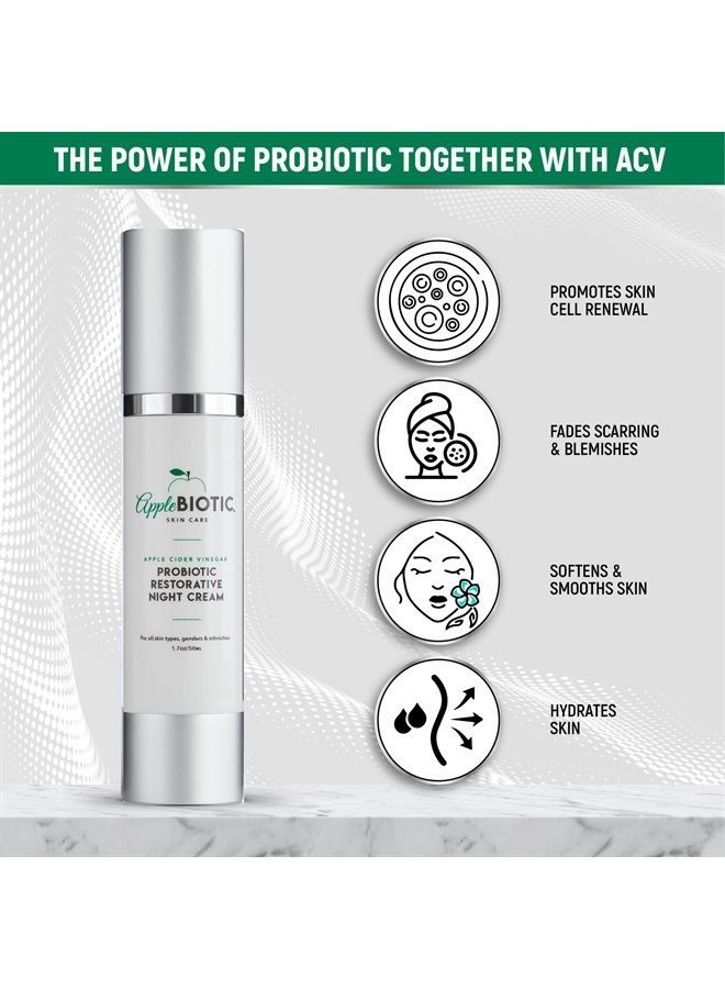 Apple Cider Vinegar Restorative Night Cream - Overnight Firming, Smoothing Cream with African Green Coffee, Green Tea, Chamomile & Probiotic Extracts for Dry, Oily, Sensitive Skin, Men & Women