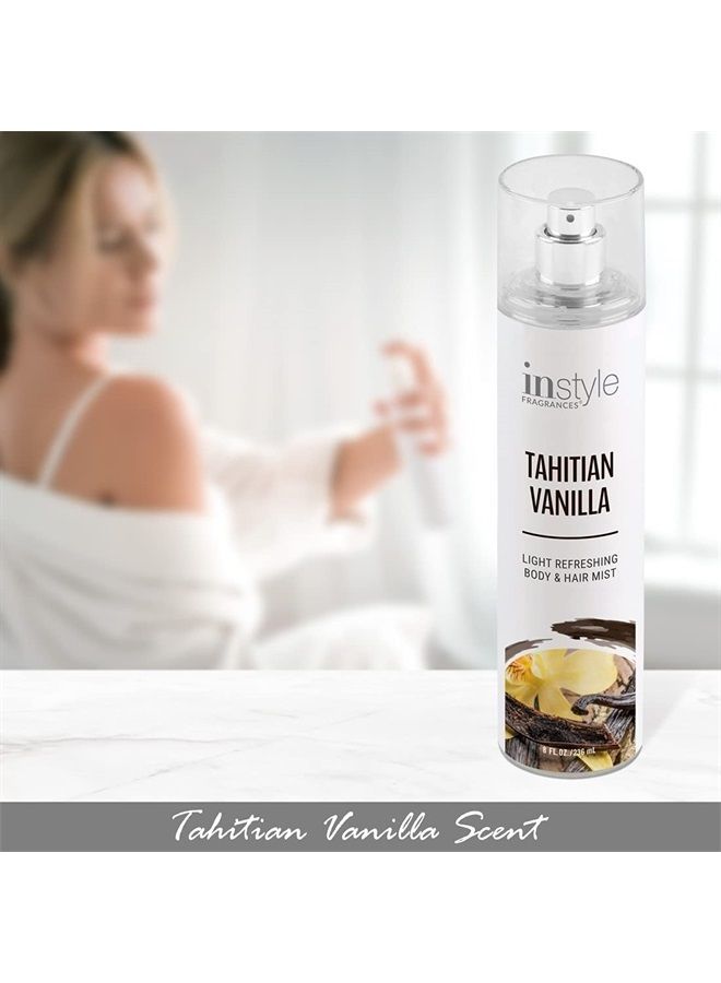 Body & Hair Mist | Tahitian Vanilla Scent | With Panthenol | CLEAN, Vegan, Paraben Free, Phthalate Free | Premium 8 Fl Oz Spray Bottle