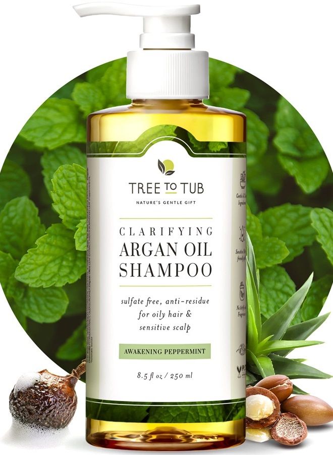 Peppermint Shampoo for Oily Hair & Sensitive Scalp - Gentle Clarifying Shampoo for Build Up, Sulfate Free Residue Free Hair Shampoo for Women & Men w/Organic Argan Oil, Natural Aloe Vera