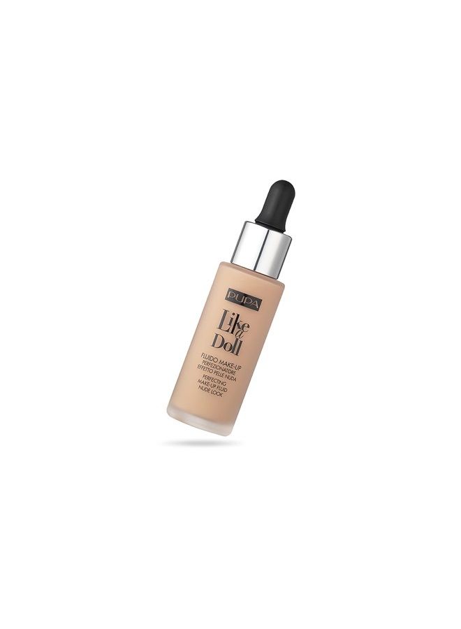 PUPA Milano Like A Doll Perfecting Make-Up Fluid Nude Look Foundation - Light Texture - Natural, Nude Skin Effect - For All Skin Types - Blends Perfectly - Light Beige - 1.01 Oz (50036020)