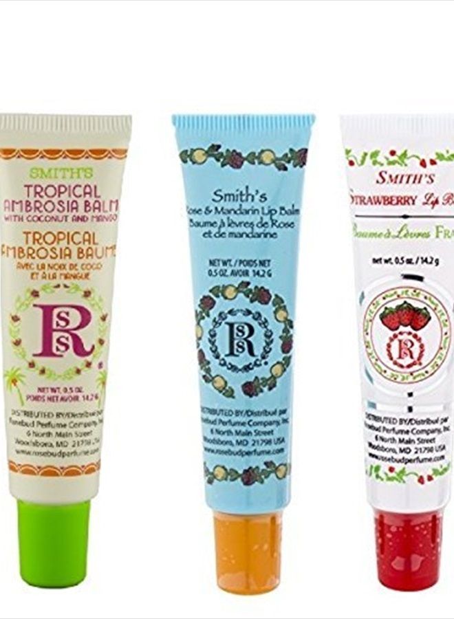 Tube 3 Pack: Tropical Ambrosia Balm, Rose & Mandarin Lip Balm, Strawberry Lip Balm