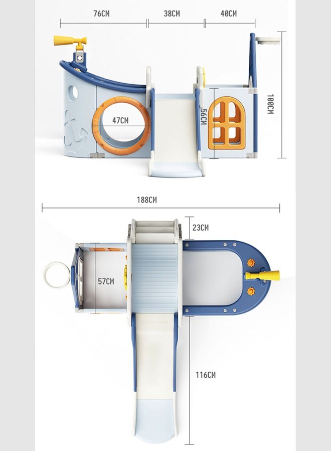 Cute Pirate Ship Multipurpose Indoor Slide 4 In 1 Fun Children Plastic Slide Stable Plastic Slide With Basketball Hoop For Kids