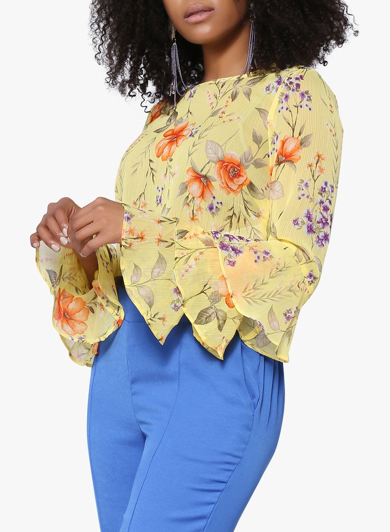 Floral Print Bell Sleeve Top Yellow