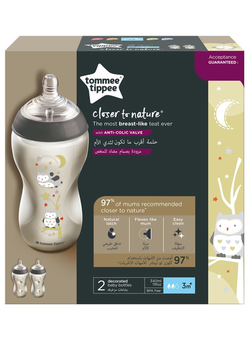 Pack Of 2 Closer To Nature Baby Bottles, Medium-Flow Teat With Anti-Colic Valve 3 Months+, 340 ml Multicolor